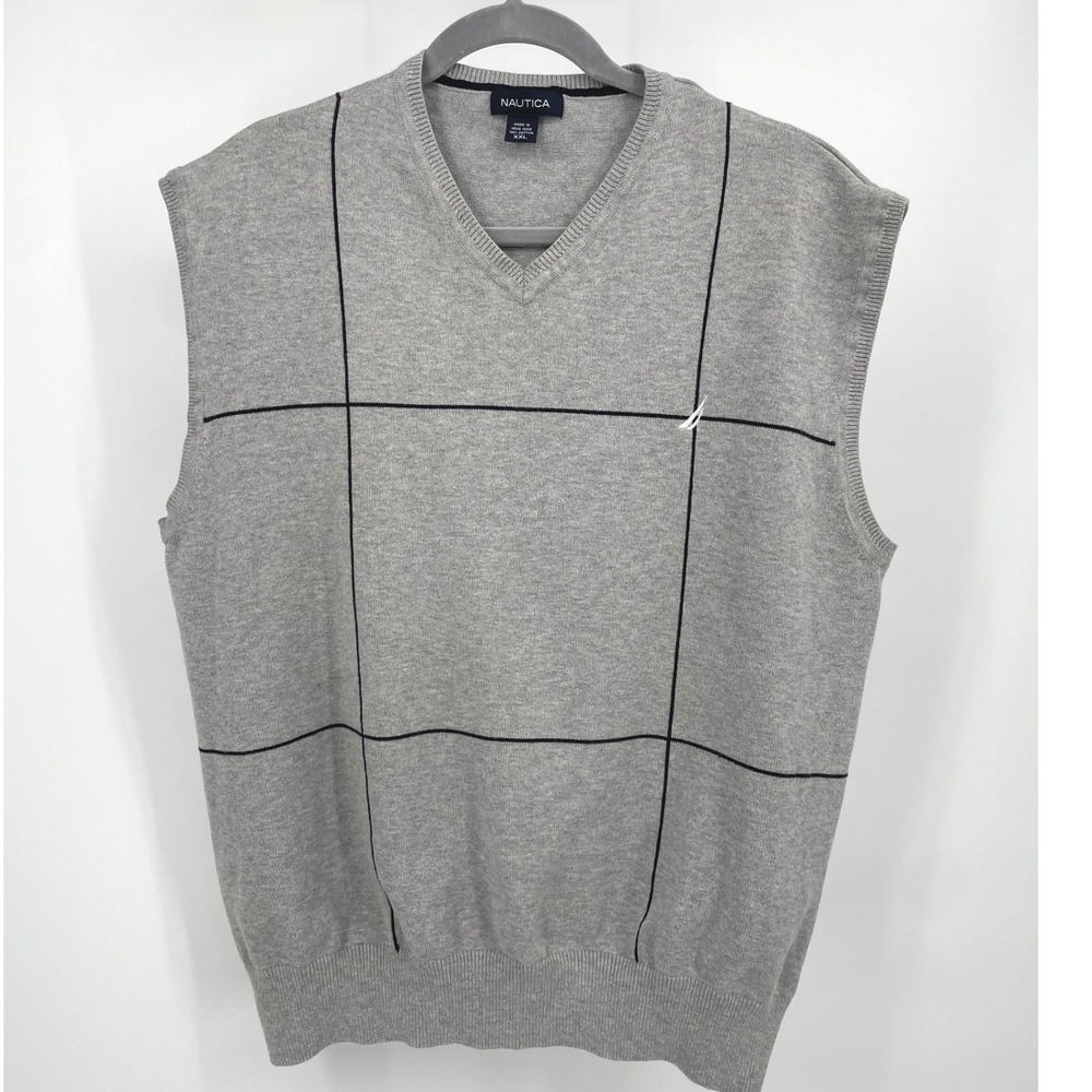 Nautica Mens‎ XXL Gray Windowpane V-Neck 100% Cotton Knit Sweater Vest